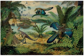 Zdeněk BURIAN - Compsognathus a Archaeopteryx (1950)   841x563 mm