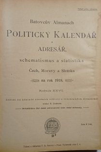 Batovcův Almanach, politický kalendář a adresář, schematismus a statistika zemí koruny české, ročník XXVI. 1918